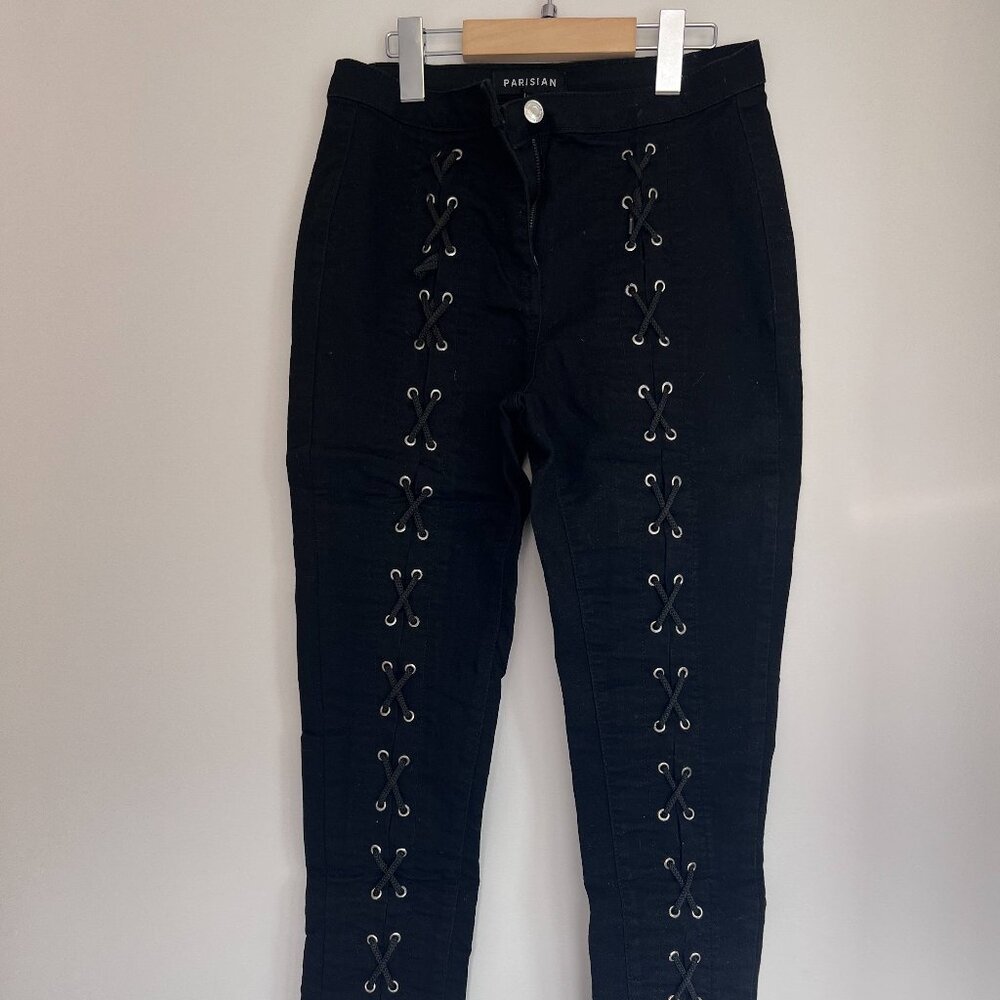 Parisian Black Front Lace Up Skinny Jeans